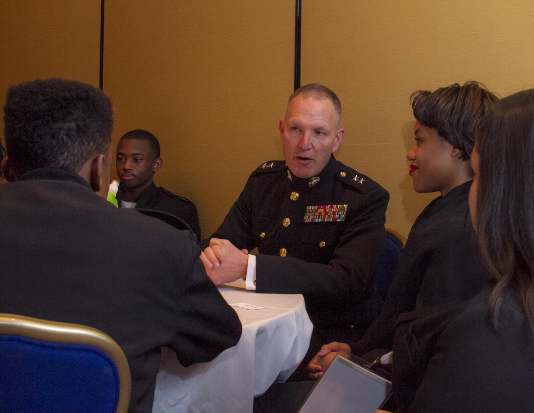Major Gen. Mark A. Brilakis, commanding general, Marine Corps Recruiting Command, speaks to students at the All Service Mentorship Seminar here, Feb. 7. The seminar took place during the Black Engineer of the Year Awards conference at the Washington Marriott Wardman Park.