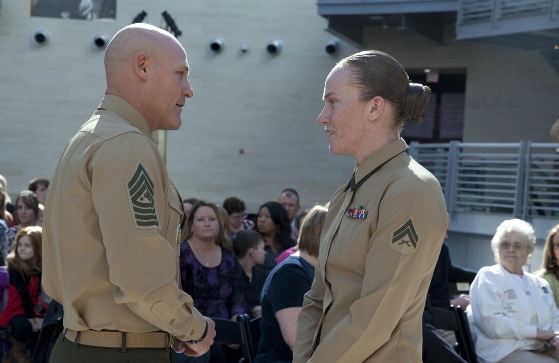 Sgt. Maj. Micheal P. Barrett, the 17th Sergeant Major of the Marine Corps, attends Chief Warrant Officer 5 Kevin L. Crandell’s retirement ceremony at the National Museum of the Marine Corps, Triangle, Va., on Jan. 31, 2014. (U.S. Marine Corps photo by Lance Cpl. Samantha Draughon/Released)