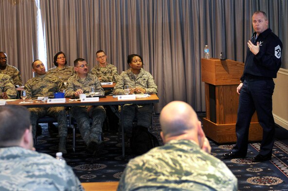 Chief Master Sgt. James Hotaling, Command Chief Master Sgt. of the Air National Guard, speaks with newly promoted Chief Master Sgts in the active duty Air Force about the role of the Air National Guard,Joint Base Bolling-Anacostia, Washington,  D.C.,  Feb. 6, 2014. (Air National Guard photo by Tech. Sgt. David Eichaker)