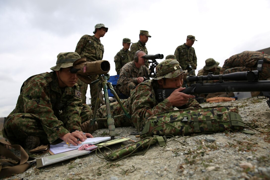 Soldiers from the Japan Ground Self-Defense Force shoot M24 rifles while conducting unknown distance drills during Exercise Iron Fist 2014 aboard Camp Pendleton, Calif., Feb. 6, 2014. Iron Fist is an amphibious exercise that brings together Marines and sailors from the 15th Marine Expeditionary Unit, other I Marine Expeditionary Force units, and soldiers from the JGSDF, to promote military interoperability and hone individual and small-unit skills through challenging, complex and realistic training. 