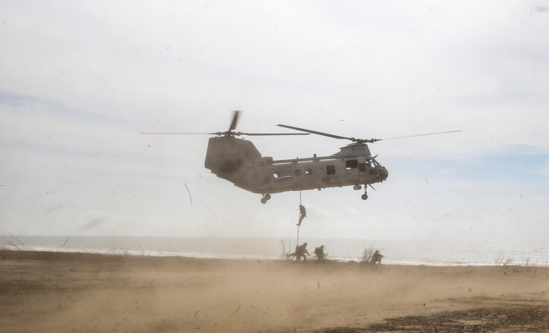 U.S. Marines with 1st Reconnaissance Battalion, 1st Marine Division, and soldiers from the Japan Ground Self-Defense Force fast rope from a CH-46E Sea Knight while conducting raid training during Exercise Iron Fist 2014 aboard Camp Pendleton, Calif., Feb. 7, 2014. Iron Fist is an amphibious exercise that brings together Marines and sailors from the 15th Marine Expeditionary Unit, other I Marine Expeditionary Force units, and soldiers from the JGSDF, to promote military interoperability and hone individual and small-unit skills through challenging, complex and realistic training. 