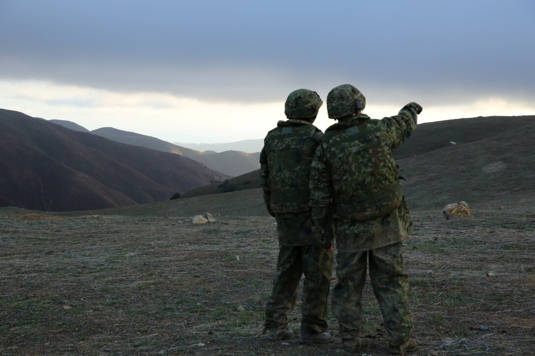 Soldiers from the Japan Ground Self-Defense Force point out targets while training with U.S. Marines with 1st Battalion, 1st Marine Regiment, during Exercise Iron Fist 2014 aboard Camp Pendleton, Calif., Feb. 7, 2014. Iron Fist 2014 is an amphibious exercise that brings together Marines and sailors from the 15th Marine Expeditionary Unit, other I Marine Expeditionary Force units, and soldiers from the JGSDF, to promote military interoperability and hone individual and small-unit skills through challenging, complex and realistic training. (U.S. Marine Corps photo by Lance Cpl. Anna K. Albrecht/Released)