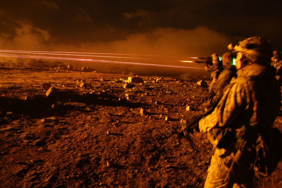 Soldier from the Japan Ground Self-Defense Force fire FN Minimi light machine guns while training with U.S. Marines with 1st Battalion, 1st Marine Regiment, during Exercise Iron Fist 2014 aboard Camp Pendleton, Calif., Feb. 7, 2014. Iron Fist 2014 is an amphibious exercise that brings together Marines and sailors from the 15th Marine Expeditionary Unit, other I Marine Expeditionary Force units, and soldiers from the JGSDF, to promote military interoperability and hone individual and small-unit skills through challenging, complex and realistic training. (U.S. Marine Corps photo by Lance Cpl. Anna K. Albrecht/Released)