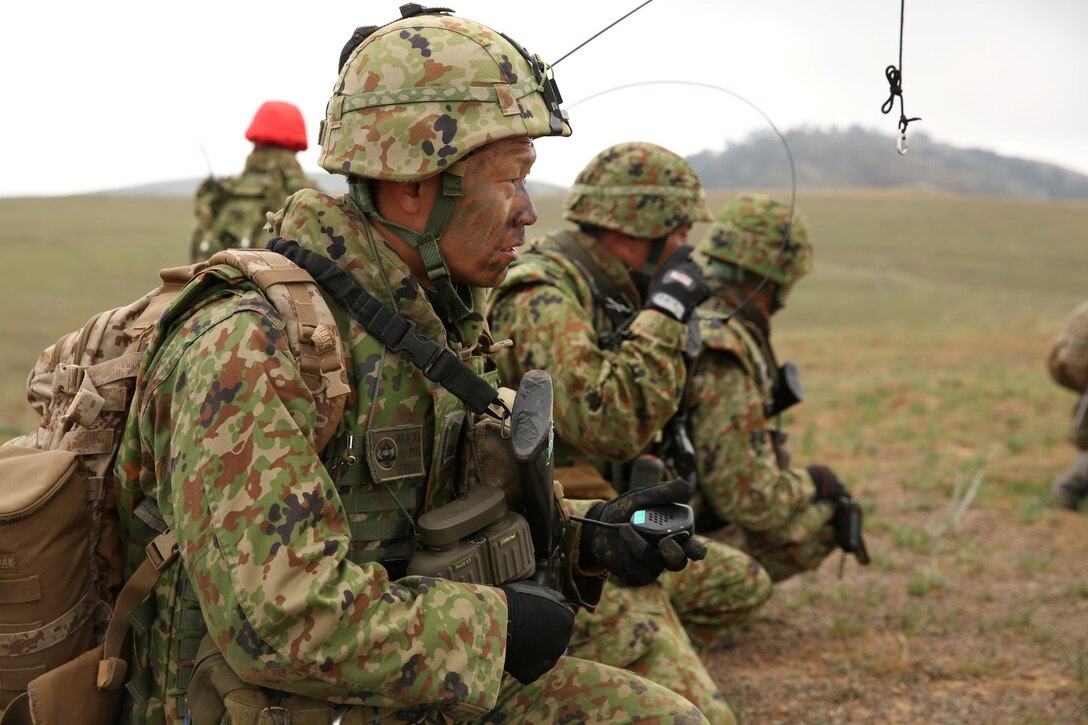 Soldiers with the Japan Ground Self-Defense Force perform a combined company attack with U.S. Marines from 1st Battalion, 1st Marine Regiment, during Exercise Iron Fist 2014 aboard Camp Pendleton, Calif., Feb. 9, 2014. Iron Fist 2014 is an amphibious exercise that brings together Marines and sailors from the 15th Marine Expeditionary Unit, other I Marine Expeditionary Force units, and soldiers from the JGSDF, to promote military interoperability and hone individual and small-unit skills through challenging, complex and realistic training. (U.S. Marine Corps photo by Lance Cpl. Anna K. Albrecht/Released)