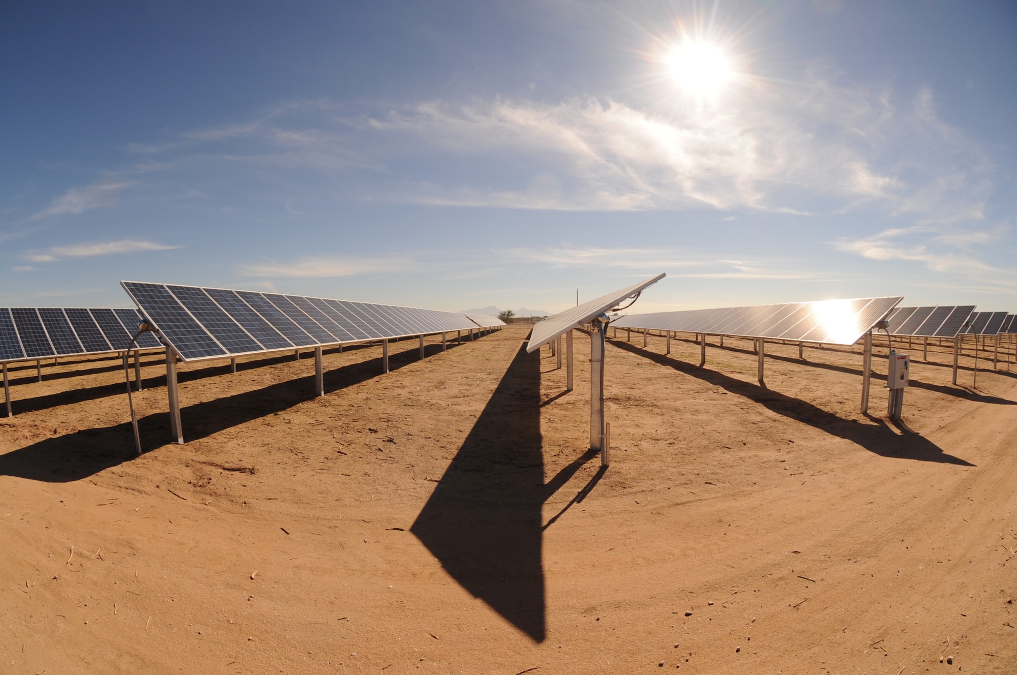Solar panels collect sunlight at Davis-Monthan Air Force Base, Ariz.  The Davis-Monthan solar array project is placed on 170 acres of underutilized land, making this the largest of its kind on any U.S Department of Defense installation. The Air Force has stated a goal to increase renewable energy consumption to 25 percent throughout the Air Force by 2025. (U.S. Air Force photo by Senior Airman Justin Veazie/ Released)