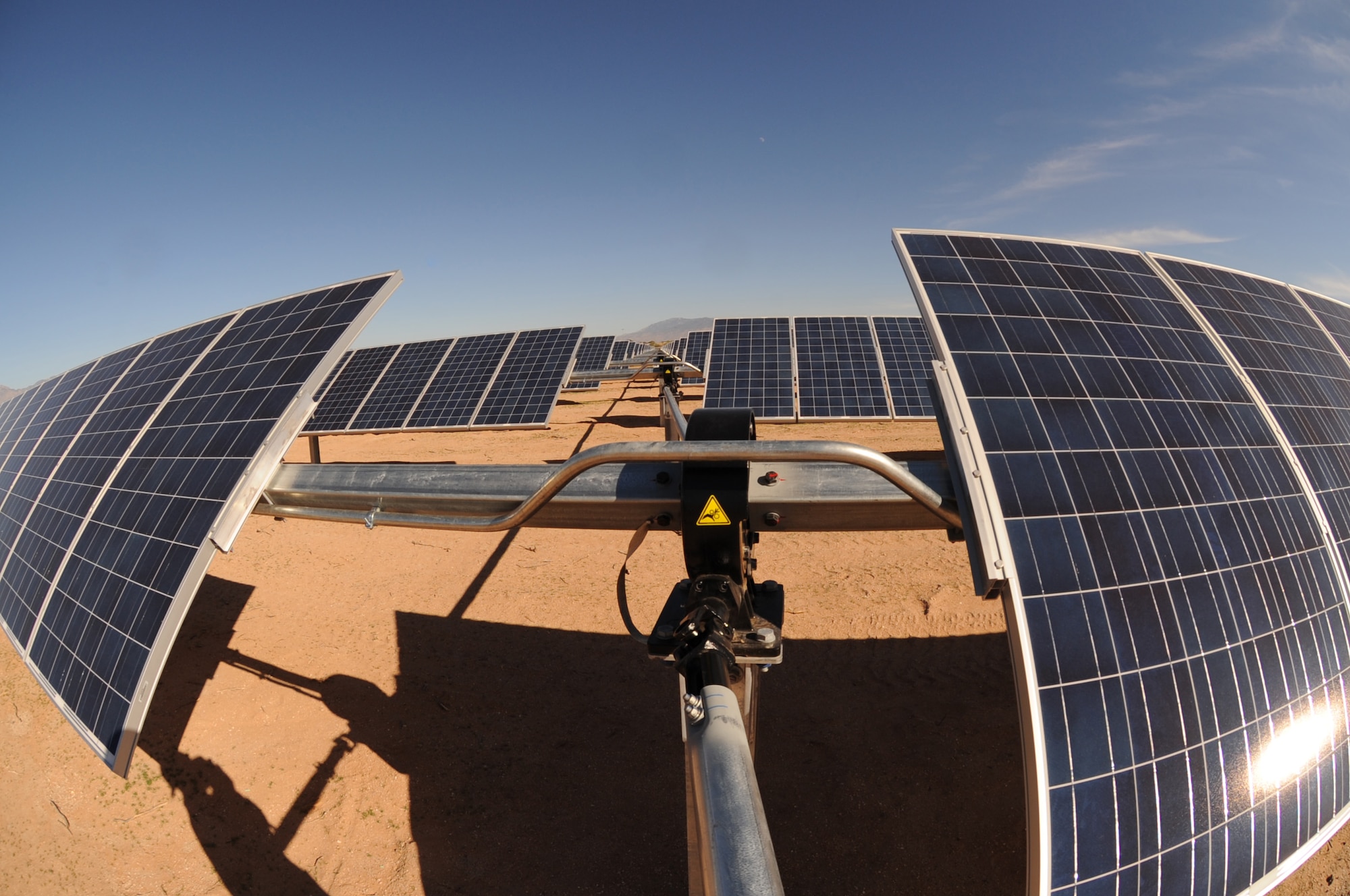 Solar panels collect sunlight at Davis-Monthan Air Force Base, Ariz.  The Davis-Monthan solar array project is placed on 170 acres of underutilized land, making this the largest of its kind on any U.S Department of Defense installation. The Air Force has stated a goal to increase renewable energy consumption to 25 percent throughout the Air Force by 2025. (U.S. Air Force photo by Senior Airman Justin Veazie/ Released)