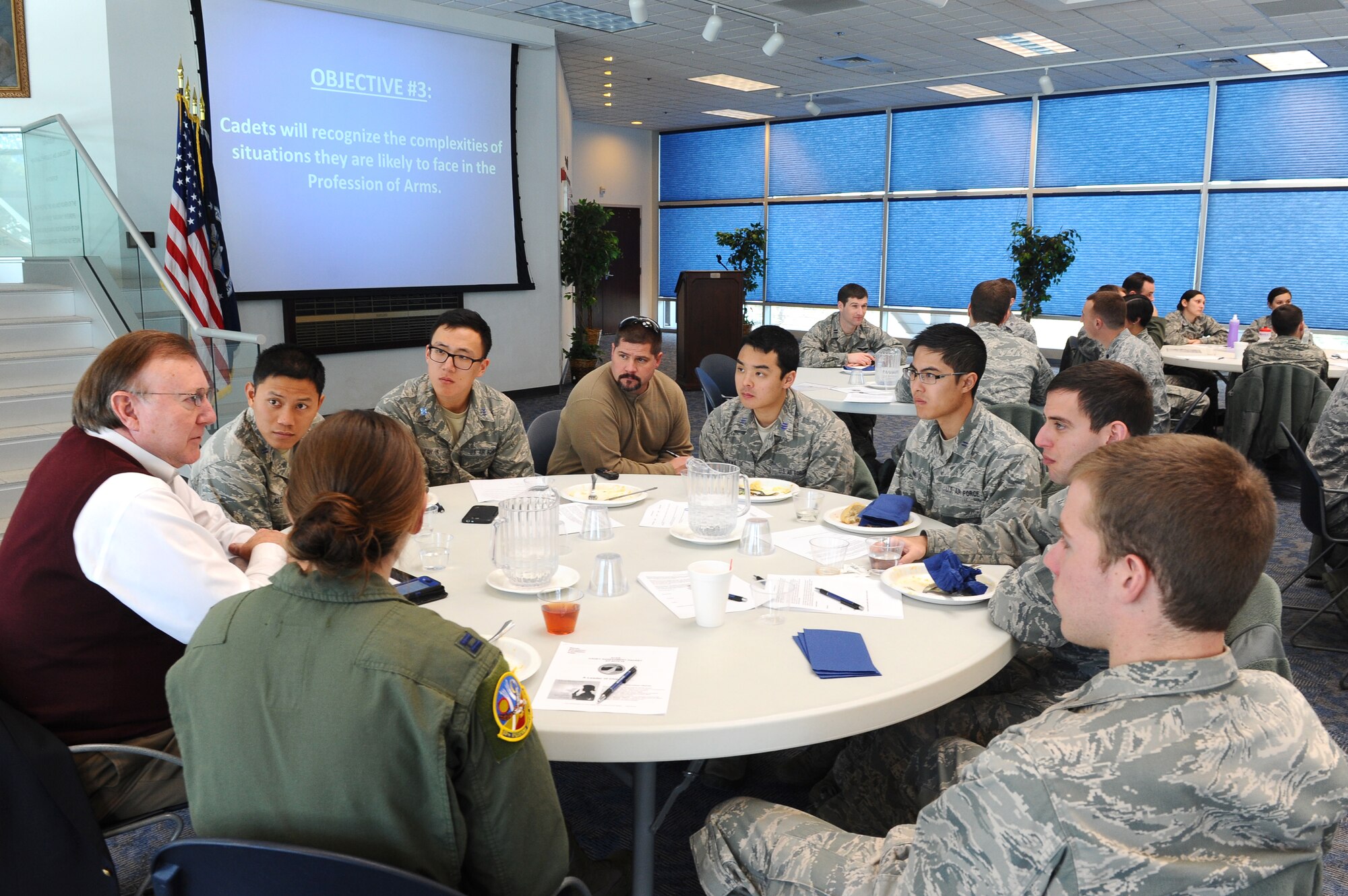 Senior cadets, special operators, and Academy leaders take part in a roundtable discussion on ethical decision-making during the day-long Academy Center Enrichment Seminar Feb. 7 at the Academy. (U.S. Air Force Photo/Master Sgt. Kenney Bellard)