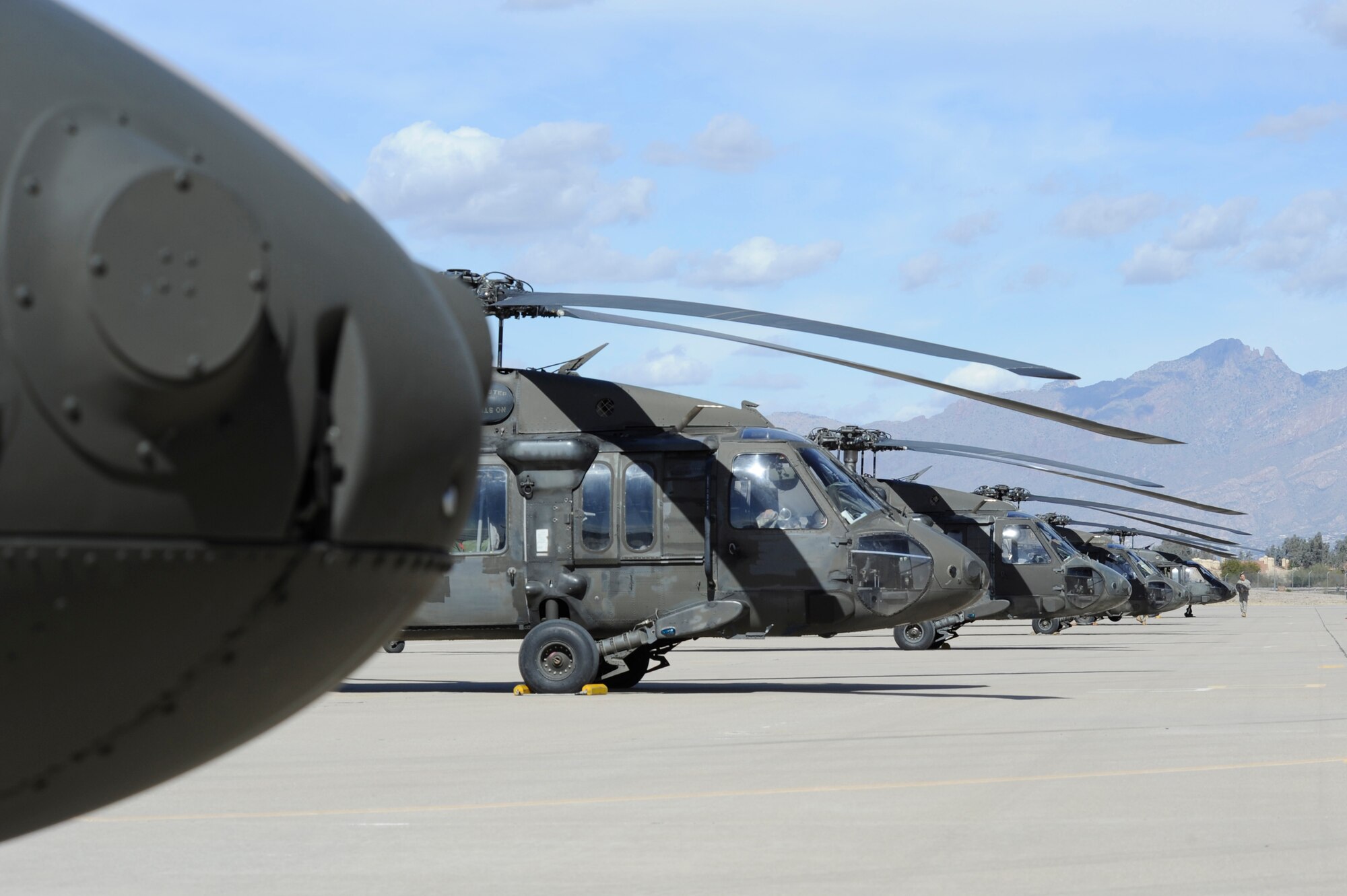 Ten UH-60 Black Hawks, assigned to the 3-227th Assault Helicopter Battalion, 1st Air Calvary Brigade, 1st Cavalry Division out of Fort Hood, Texas, park on the flightline at Davis-Monthan Air Force Base, Ariz., Feb. 7, 2014. The unit was traveling to California for training and will transit back to Texas in about a month. (U.S. Air Force photo by Airman 1st Class Betty R. Chevalier/released)