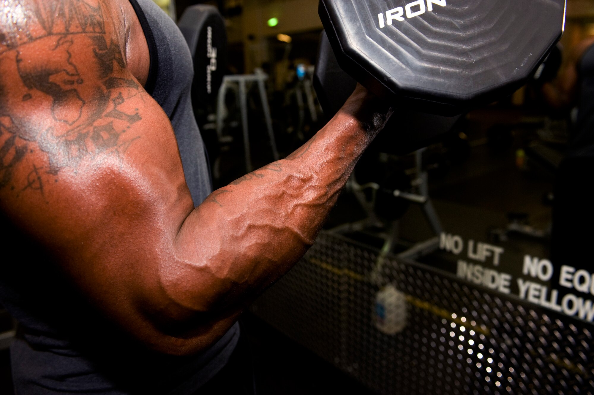 U.S. Air Force Staff Sgt. Damar Turner, 633rd Force Support Squadron Airman Leadership School instructor, performs bicep curls in Shellbank Fitness Center at Langley Air Force Base, Va., Jan. 15, 2014. Turner trains six days a week and remains on a strict diet to compete in body building competitions. Turner is a native of Queens, N.Y. (U.S. Air Force photo by Staff Sgt. Stephanie R. Plichta/Released)