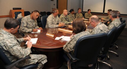 59th Medical Wing leaders meet with inspectors from the Air Force Inspection Agency after the Air Force's final Health Services Inspection. The 59th Medical Wing scored an "Excellent" rating in the Air Force's final HSI. (U.S. Air Force photo / SSgt Jerilyn Quintanilla/RELEASED)