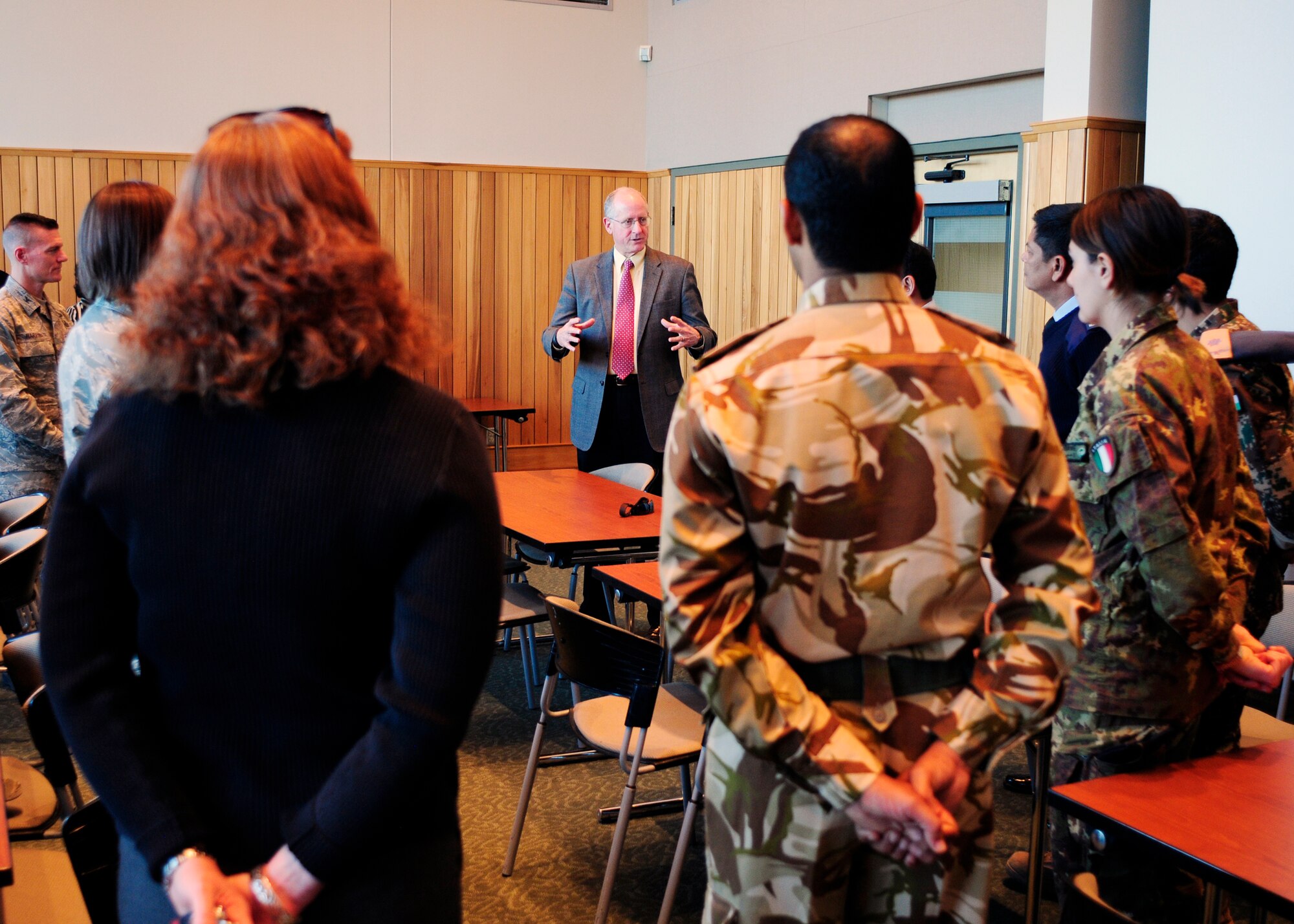 SAN ANGELO, Texas – Rep. Mike Conaway, 11th District of Texas, speaks with International Military Student Officers during a meet and greet at the San Angelo Visitor Center Jan. 21. Conaway expressed the importance of learning American culture as much as possible so they could share their knowledge to the people of their country. (U.S. Air Force photo/ Airman 1st Class Devin Boyer)