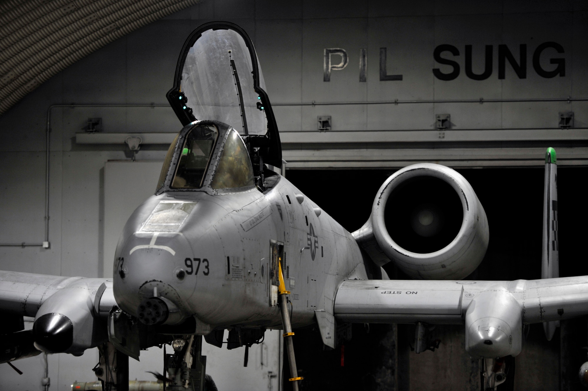 An A-10 Thunderbolt II piloted by Capt. C.J. Anthony, 25th Fighter Squadron A-10 pilot, waits for all of the pre-flight inspections to be completed during Beverly Midnight 14-02 at Osan Air Base, Republic of Korea, Feb. 10, 2014. Anthony was one of four A-10 pilots that flew as part of the first sortie of BM 14-02. (U.S. Air Force photo/Senior Airman Siuta B. Ika)