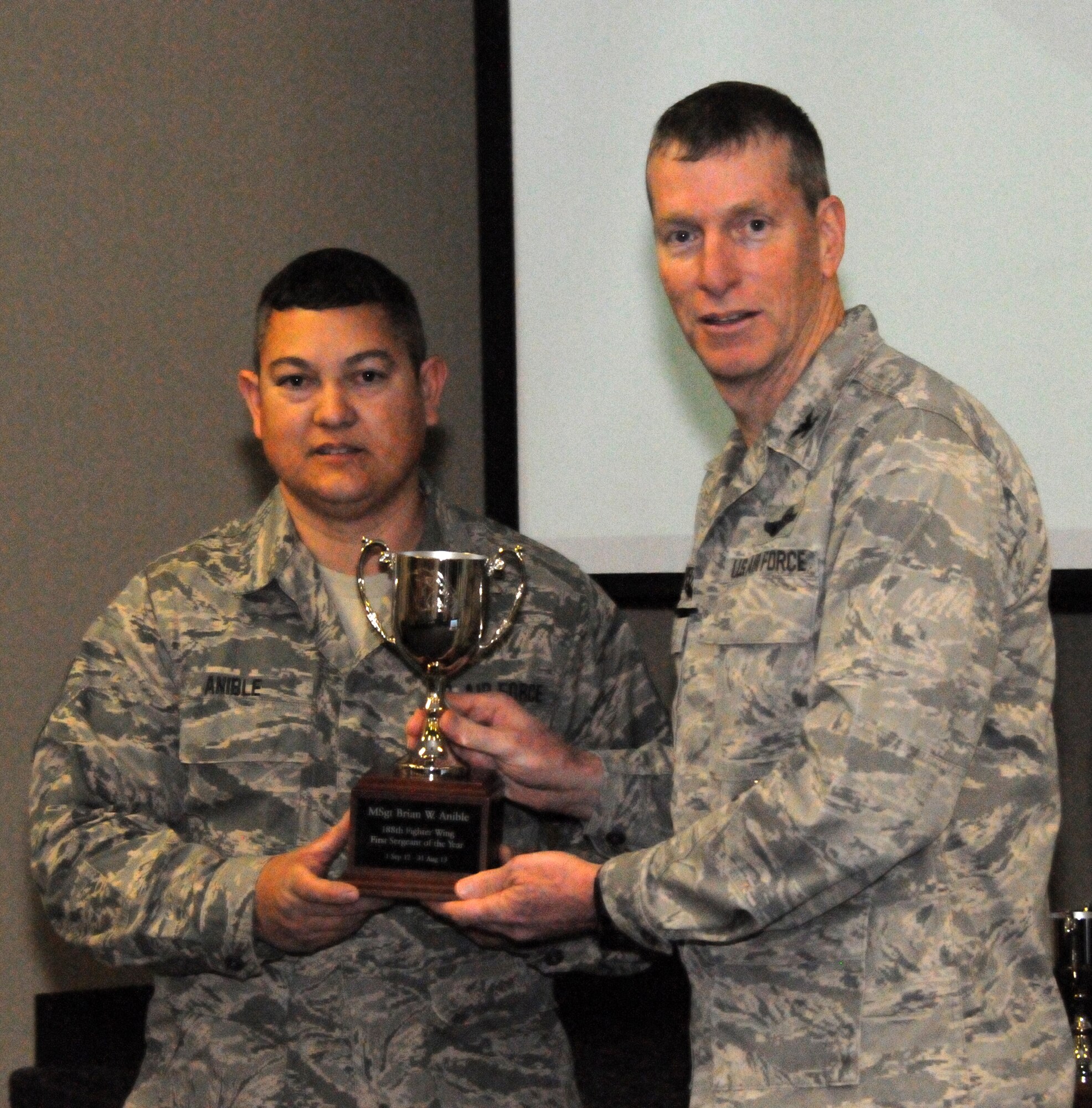 Col. Mark Anderson, 188th Fighter Wing commander, right, presents the 188th Outstanding First Sergeant of the Year award to Master Sgt. Brian Anible of the 188th Mission Support Group during a commander’s call presentation Feb. 8, 2014. (U.S. Air National Guard photo by Airman 1st Class Cody Martin)