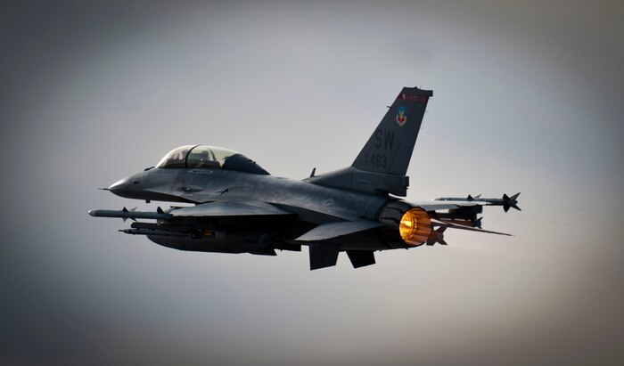 An F-16 Fighting Falcon from the 55th Fighter Squadron, Shaw Air Force Base, S.C., takes off prior to a Red Flag 14-1 training mission Feb. 4, 2014, at Nellis Air Force Base, Nev.  A typical Red Flag exercise involves a variety of attack, fighter and bomber aircraft, reconnaissance aircraft, electronic warfare aircraft, air superiority aircraft, airlift support, search and rescue aircraft, aerial refueling aircraft, command and control aircraft, as well as ground based command and control, space, and cyber forces. (U.S. Air Force photo by Airman 1st Class Joshua Kleinholz)