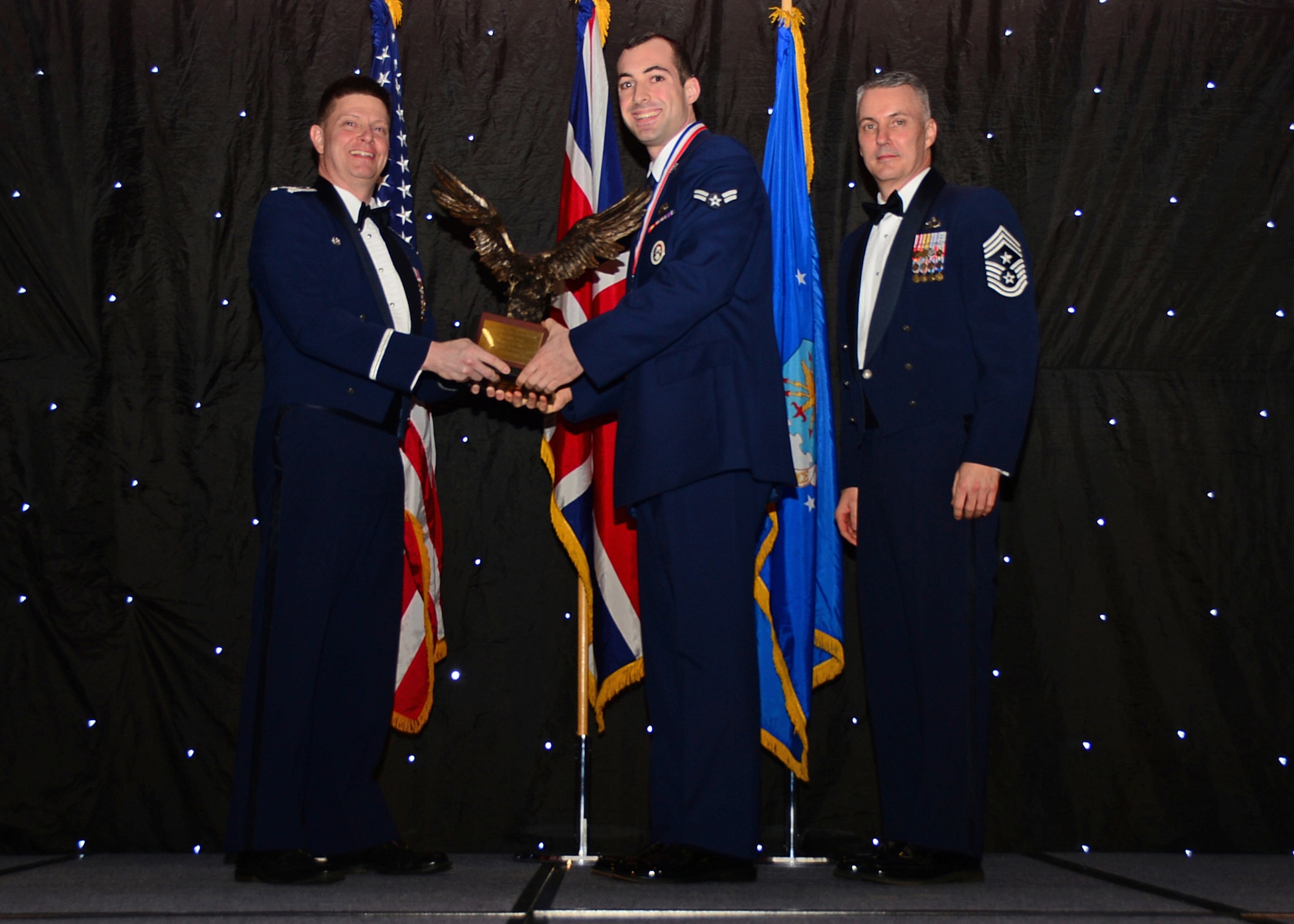 Airman 1st Class Michael Weston, 48th Operations Group, was named Airman of the Year during the 2013 Annual Awards Banquet at Royal Air Force Lakenheath, England, Feb. 8, 2014. Airmen were recognized across 11 categories, representing the spectrum of the 48th Fighter Wing, during the ceremony. (U.S. Air Force photo by Airman 1st Class Erin O’Shea)
