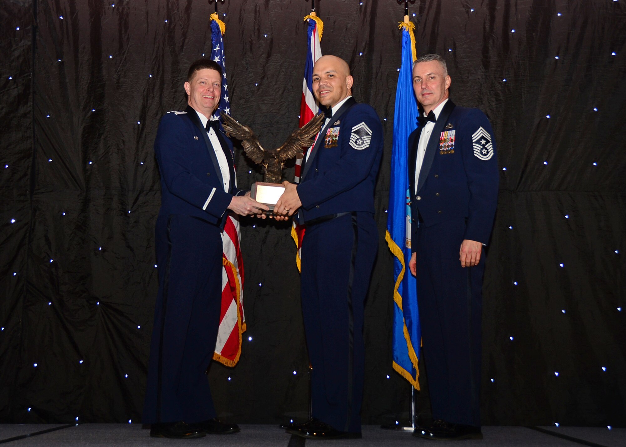 Senior Master Sgt. Daniel Guzman, 48th Mission Support Group, was named Senior NCO of the Year during the 2013 Annual Awards Banquet at Royal Air Force Lakenheath, England, Feb. 8, 2014. Airmen were recognized across 11 categories, representing the spectrum of the 48th Fighter Wing, during the ceremony. (U.S. Air Force photo by Airman 1st Class Erin O’Shea)