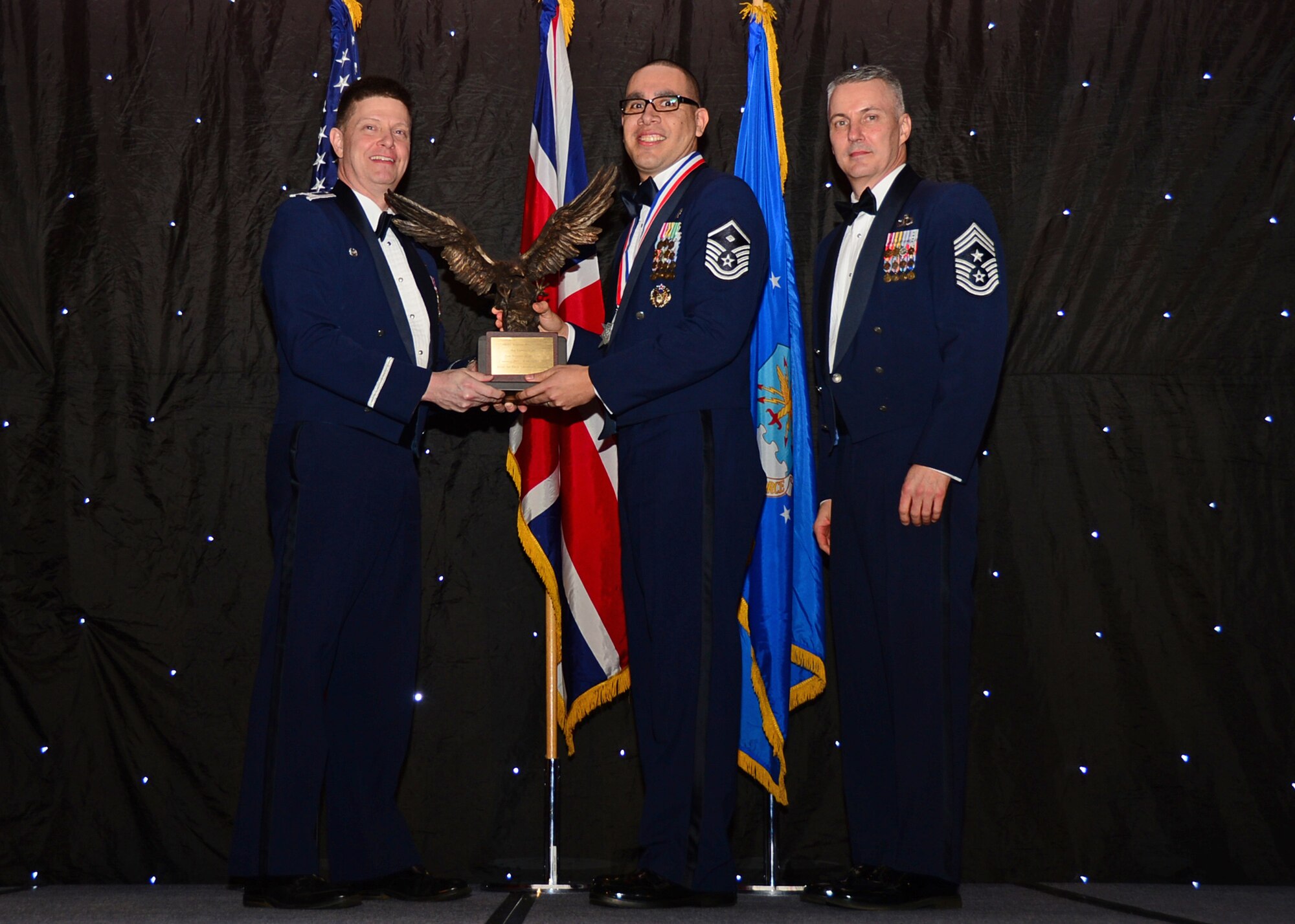 Master Sgt. Jose Nevarez, 48th Mission Support Group, was named First Sergeant of the Year during the2013 Annual Awards Banquet at Royal Air Force Lakenheath, England, Feb. 8, 2014. Airmen were recognized across 11 categories, representing the spectrum of the 48th Fighter Wing, during the ceremony. (U.S. Air Force photo by Airman 1st Class Erin O’Shea) 