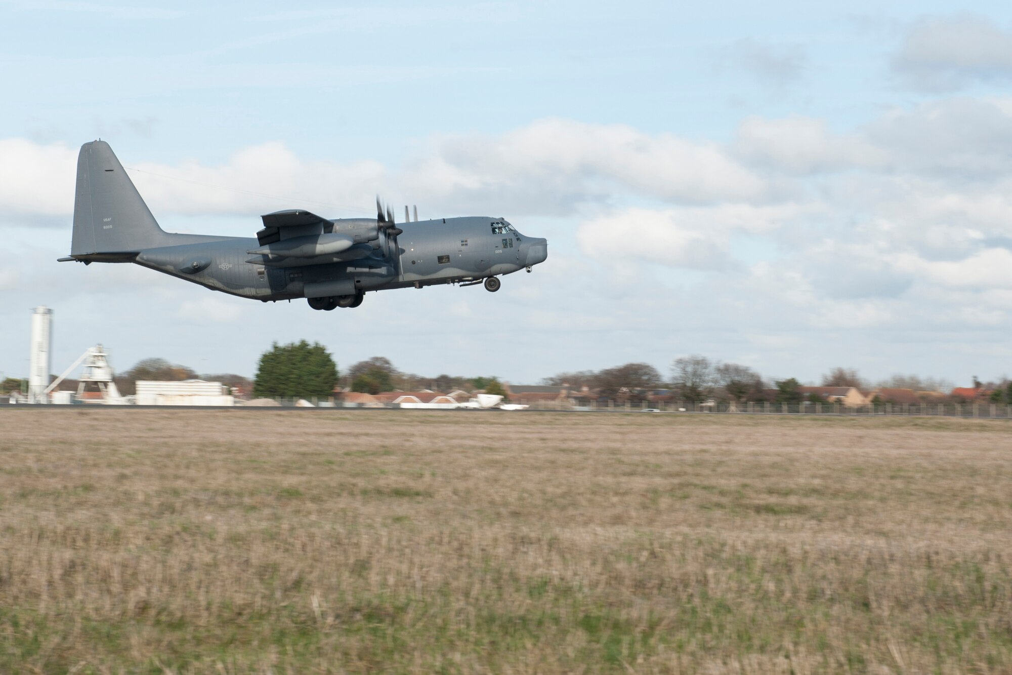 The last MC-130P Combat Shadow assigned to the 67th Special Operations Squadron departs RAF Mildenhall, England, Feb. 3, for the last time while assigned to the 352nd Special Operations Group. The MC-130P, tail number 66-0215, is the last of its kind to leave the European theater. Its departure marks the final step of Special Operation Command Europe's transition from the Combat Shadow to the MC-130J Commando II. (U.S. Air Force photo by Staff Sgt. Stephen Linch)