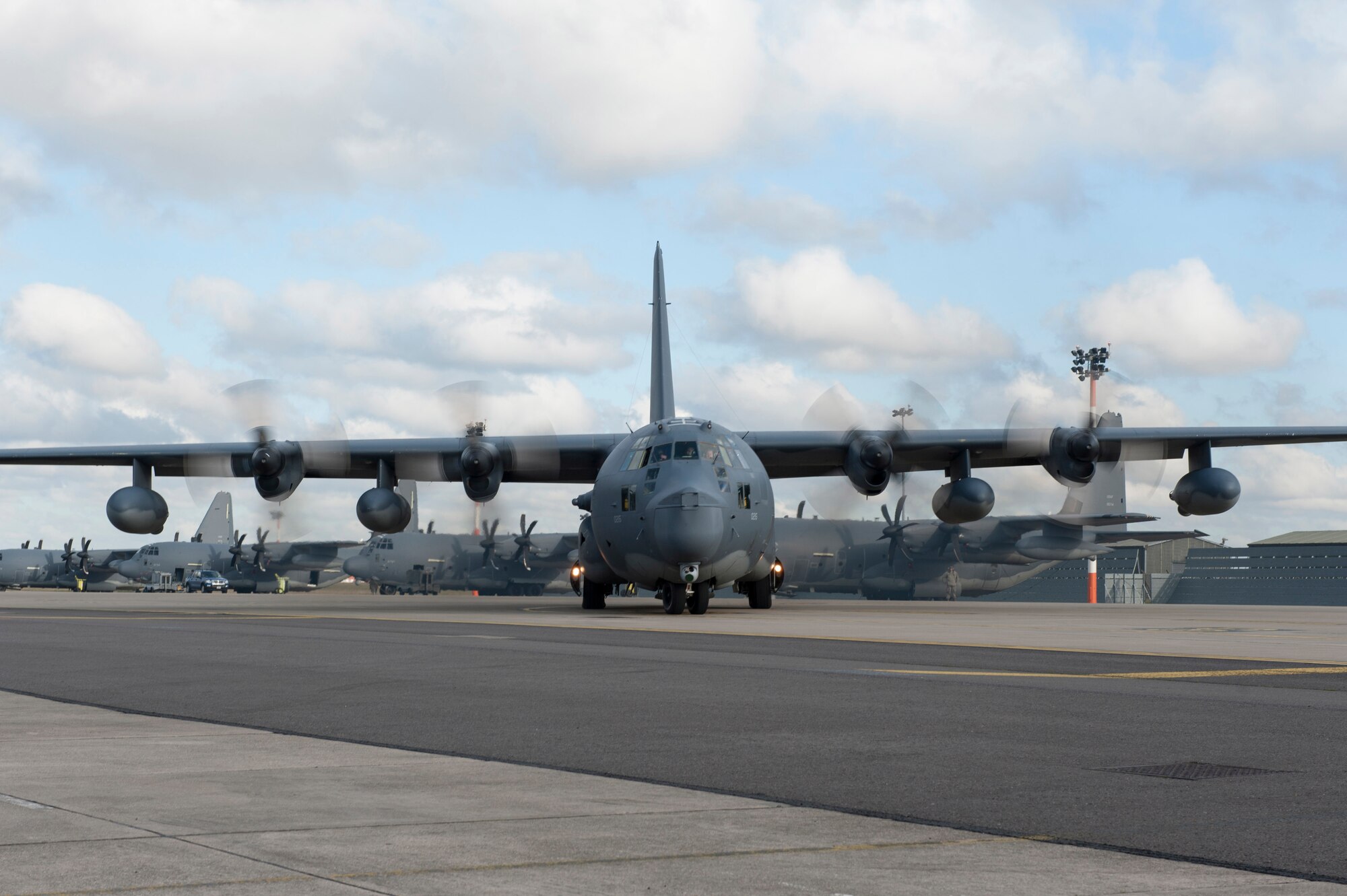The last MC-130P Combat Shadow assigned to the 67th Special Operations Squadron taxis before departing RAF Mildenhall, England, Feb. 3, for the last time while assigned to the 352nd Special Operations Group. This 48 year-old Combat Shadow has participated in special operations missions ranging from air refueling of the military’s vertical lift platforms; precision airdrop of personnel and equipment; and the execution of night, long-range, transportation and resupply of military forces across the globe. (U.S. Air Force photo by Staff Sgt. Stephen Linch)