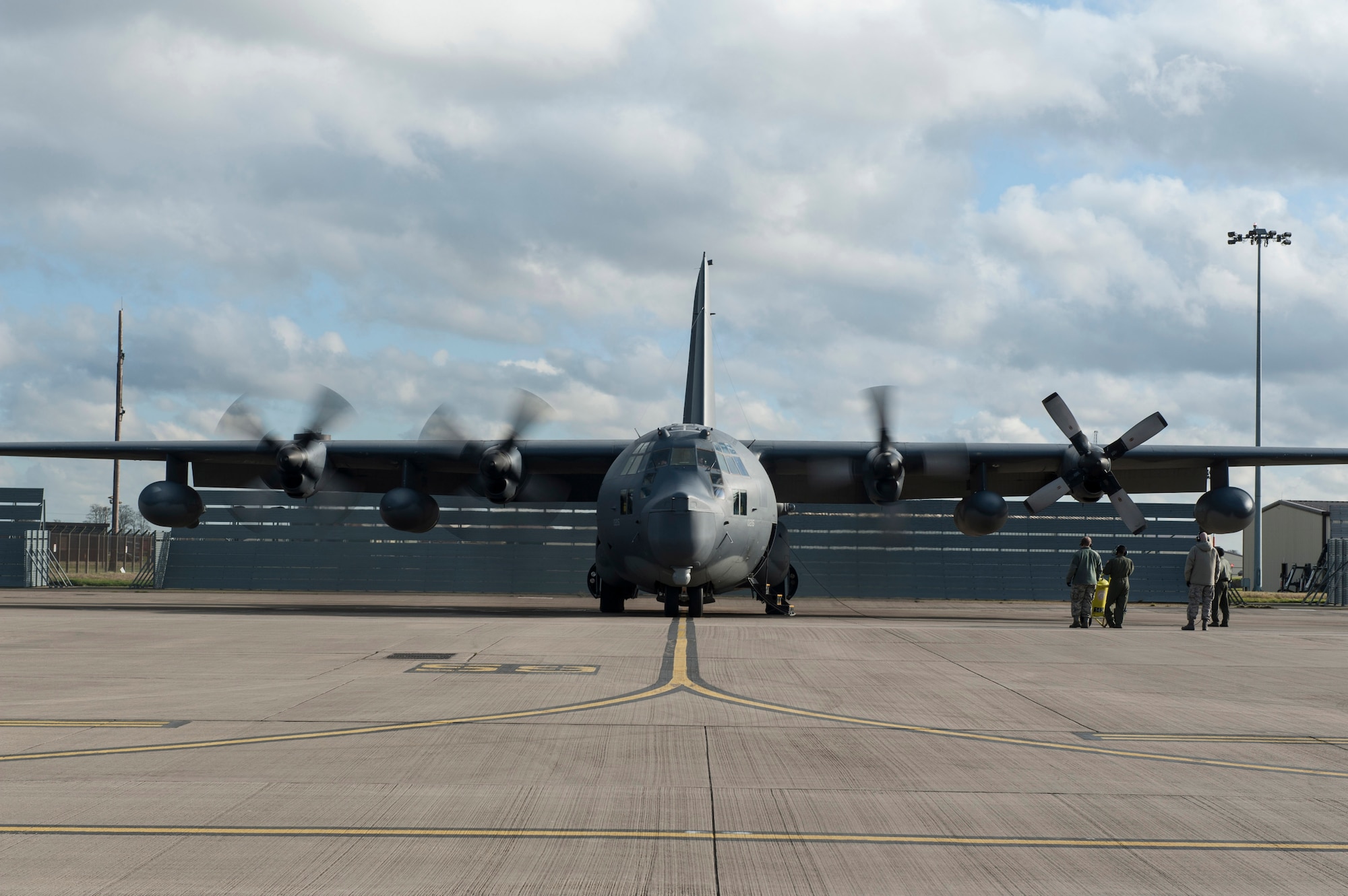 The last MC-130P Combat Shadow assigned to the 67th Special Operations Squadron starts its engines before departing RAF Mildenhall, England, Feb. 3, for the last time while assigned to the 352nd Special Operations Group. The MC-130P, tail number 66-0215, is the last of its kind to leave the European theater. Its departure marks the final step of Special Operation Command Europe's transition from the Combat Shadow to the MC-130J Commando II. (U.S. Air Force photo by Staff Sgt. Stephen Linch)