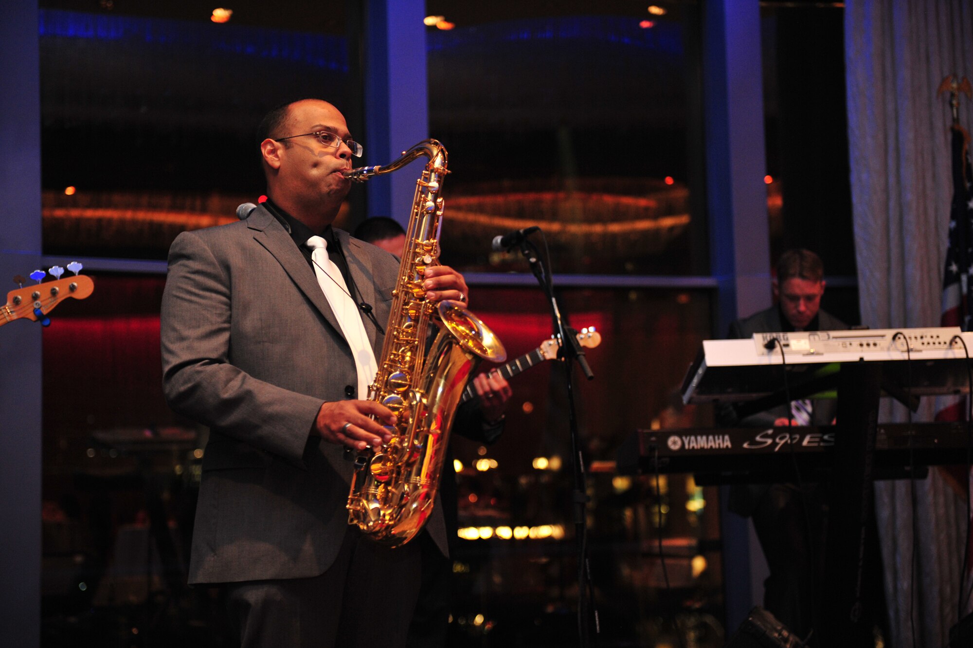 Air Force Senior Airman Luis Rosa, U.S. Air Forces Central Command Band saxophonist, performs during the Consulate General Dubai’s annual National Day event in Dubai, United Arab Emirates, Feb. 5, 2014. (U.S. Air Force photo by Staff Sgt. Michael Means/Released)