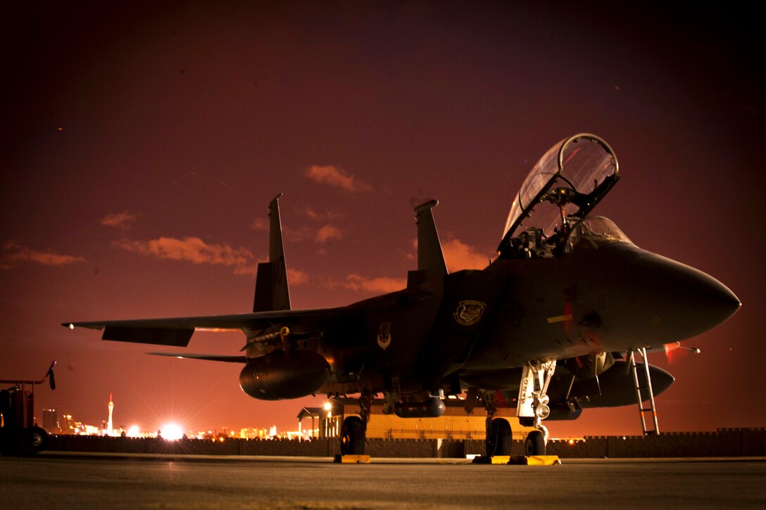 A U.S. Air Force F-15E Strike Eagle sits on the flightline before a night training mission during exercise Red Flag 14-1 on Nellis Air Force Base, Nev., Jan. 30, 2014.