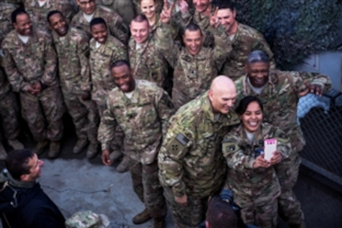 U.S. Army Chief of Staff Gen. Ray Odierno poses with soldiers in Kabul, Afghanistan, Feb. 7, 2014. Odierno was traveling throughout Afghanistan visiting soldiers and commands.