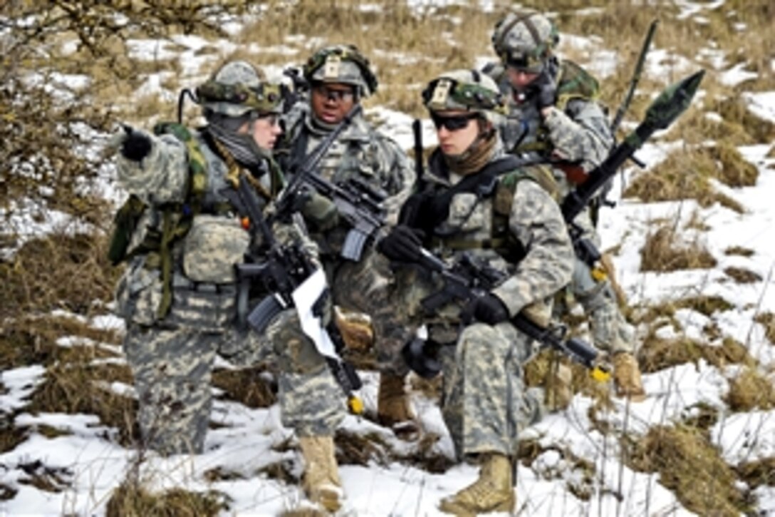 U.S. paratroopers conduct a maneuver exercise at the 7th Army Joint Multinational Training Command's Grafenwoehr Training Area, Germany, Feb. 6, 2014.  