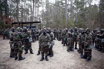 Marines from Marine Wing Support Squadron (MWSS) 272 prepare to go into the gas chamber aboard Marine Corps Base Camp Geiger, Feb. 6. A group of special trained Marines will then set up a detailed troop decontamination line in order to decontaminate the Marines. (U.S. Marine Corps photo by Lance Cpl. Andy J. Orozco/Released)