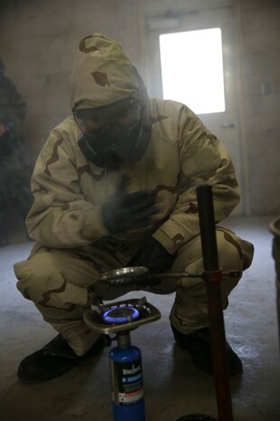 Marines from Marine Wing Support Squadron (MWSS) 272 conduct gas chamber training aboard Marine Corps Base Camp Geiger as part of their chemical, biological, radiological and nuclear (CBRN) environment training, Feb 6. A group of special trained Marines will then set up a detailed troop decontamination line in order to decontaminate the Marines.(U.S. Marine Corps photo by Lance Cpl. Andy J. Orozco/Released)