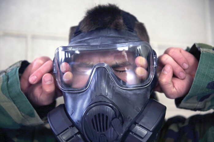 Marines from Marine Wing Support Squadron (MWSS) 272 conduct gas chamber training aboard Camp Geiger as part of their chemical, biological, radiological and nuclear (CBRN) environment training, Feb 6. This training was part of a six-day squadron-wide field exercise (FEX) Feb.5-10.(U.S. Marine Corps photo by Lance Cpl. Andy J. Orozco/Released)