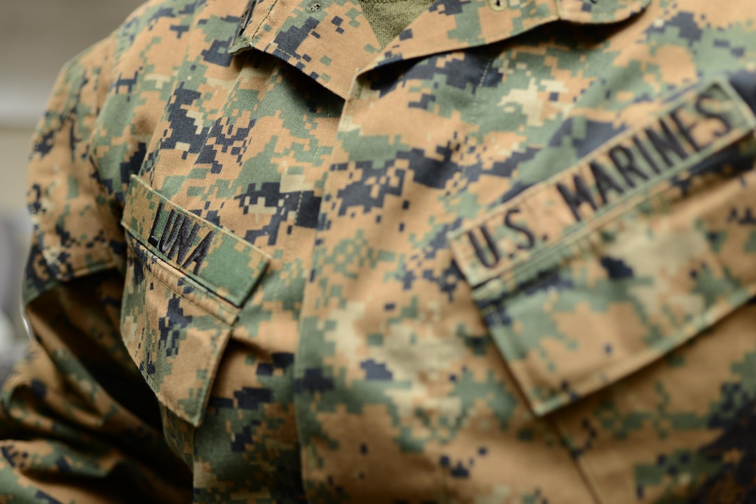 The name Luna is stitched on to, now called, Lance Cpl. Sarah Luna’s the Marine Corps Combat Utility Uniform after changing her last name in late January. When she got married, something she looked forward to was being able to wear her husband’s name on her chest.