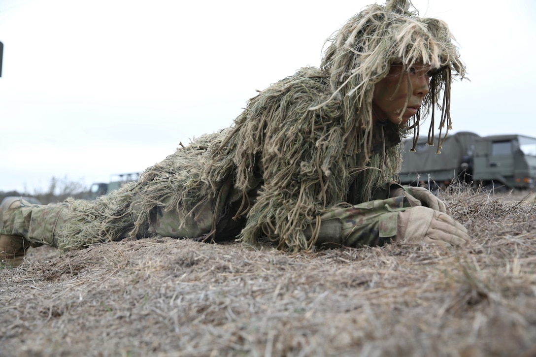 A soldier from the Japan Ground Self-Defense Force uses low-crawl as a stalking technique during Exercise Iron Fist 2014 aboard Camp Pendleton, Calif., Feb. 10, 2014. Iron Fist is an amphibious exercise that brings together Marines and sailors from the 15th Marine Expeditionary Unit, other I Marine Expeditionary Force units, and soldiers from the JGSDF, to promote military interoperability and hone individual and small-unit skills through challenging, complex and realistic training. 