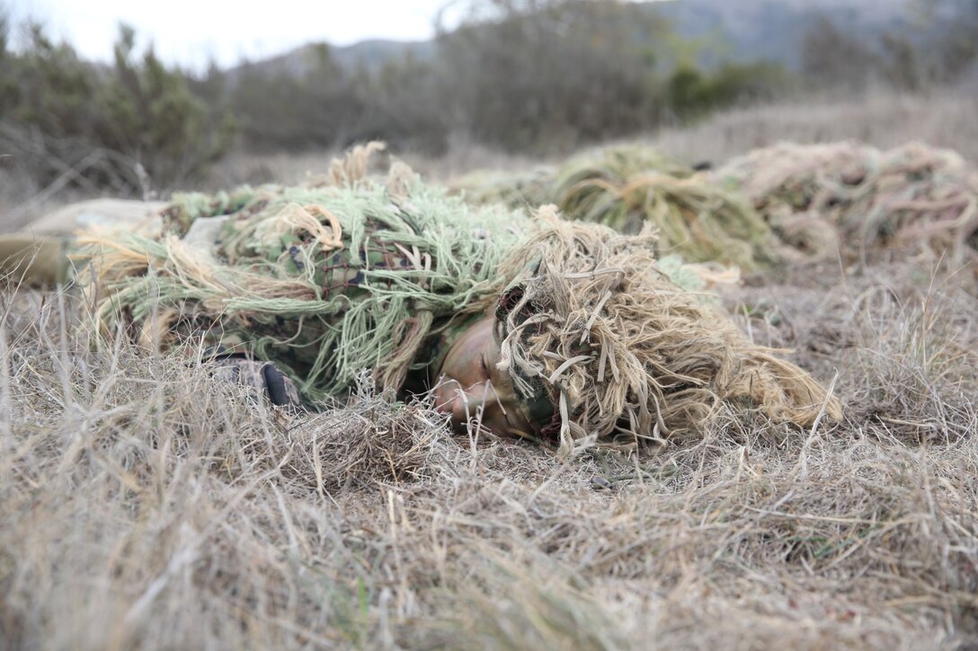 A soldier from the Japan Ground Self-Defense Force uses skull-drag as a stalking technique during Exercise Iron Fist 2014 aboard Camp Pendleton, Calif., Feb. 10, 2014. Iron Fist is an amphibious exercise that brings together Marines and sailors from the 15th Marine Expeditionary Unit, other I Marine Expeditionary Force units, and soldiers from the JGSDF, to promote military interoperability and hone individual and small-unit skills through challenging, complex and realistic training. 