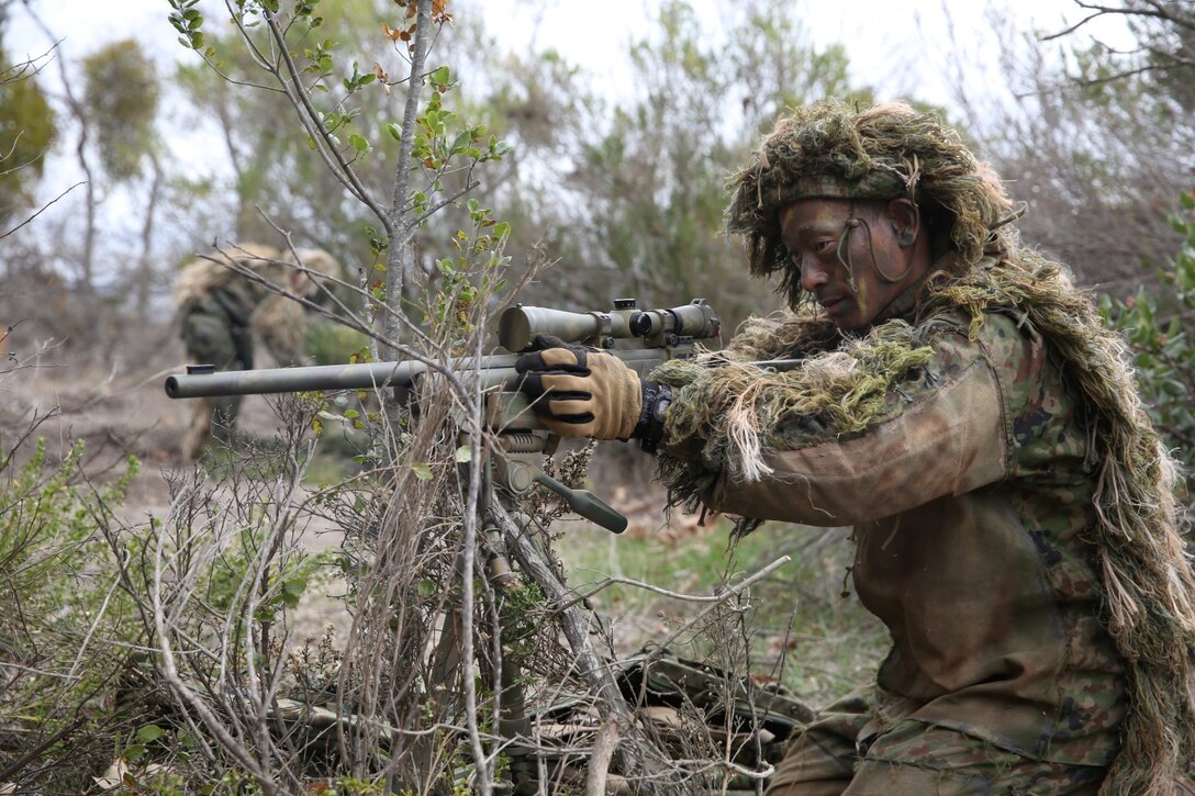 A soldier from the Japan Ground Self-Defense Force uses bushes and branches as camouflage for his shooting position during Exercise Iron Fist 2014 aboard Camp Pendleton, Calif., Feb. 10, 2014. Iron Fist is an amphibious exercise that brings together Marines and sailors from the 15th Marine Expeditionary Unit, other I Marine Expeditionary Force units, and soldiers from the JGSDF, to promote military interoperability and hone individual and small-unit skills through challenging, complex and realistic training.