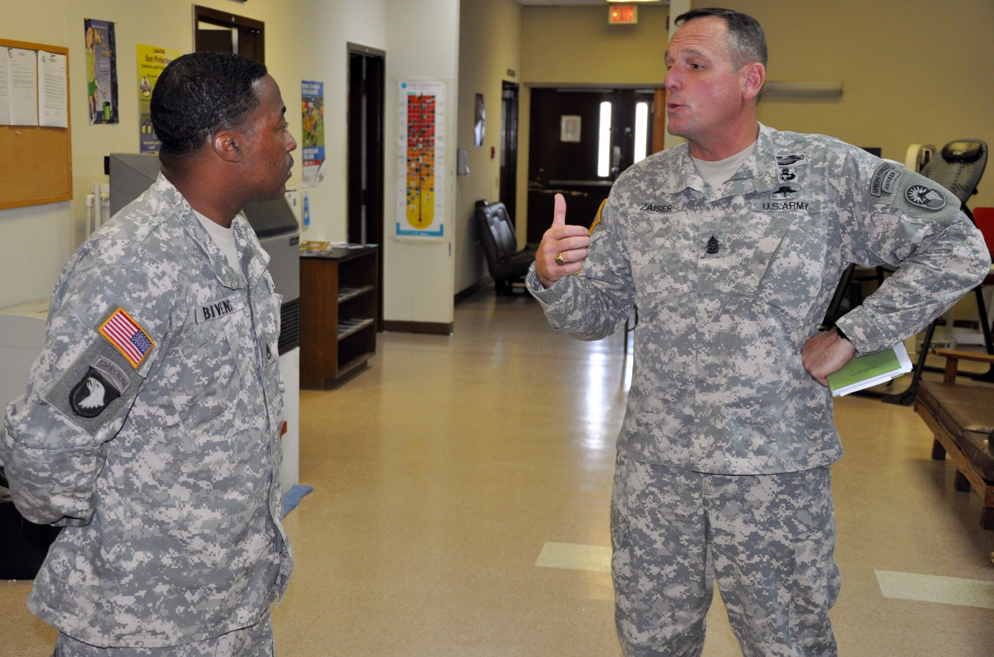 U.S. Army Command Sgt. Maj. William B. Zaiser, U.S. Southern Command Senior Enlisted Advisor, spent the day at Soto Cano Air Base, Feb. 11, 2014. Zaiser received a mission briefing from U.S. Army Col. Thomas Boccardi, Joint Task Force-Bravo Commander, as well as a base tour from U.S. Army Command Sgt. Maj. Norriel Fahie, Army Support Activity. Following a lunch with enlisted members of the Task Force, Zaiser spent the afternoon meeting with senior enlisted leaders and members of Joint Task Force-Bravo's Army Forces Battalion, Joint Security Forces, 1-228th Aviation Regiment, and 612th Air Base Squadron.  (U.S. Air Force photo by Capt. Zach Anderson)