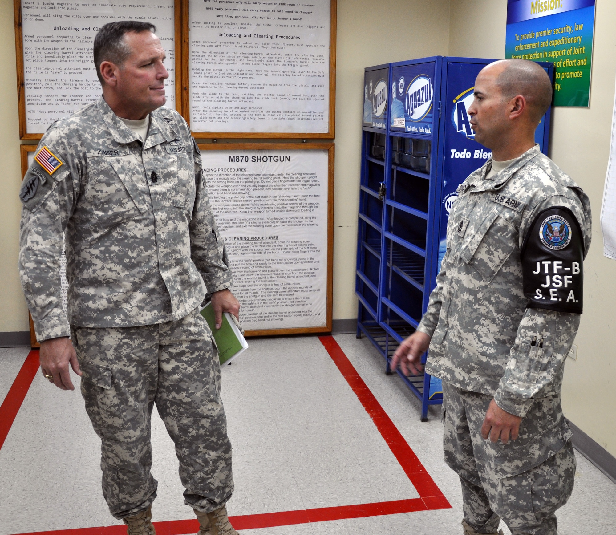 U.S. Army Command Sgt. Maj. William B. Zaiser, U.S. Southern Command Senior Enlisted Advisor, spent the day at Soto Cano Air Base, Feb. 11, 2014. Zaiser received a mission briefing from U.S. Army Col. Thomas Boccardi, Joint Task Force-Bravo Commander, as well as a base tour from U.S. Army Command Sgt. Maj. Norriel Fahie, Army Support Activity. Following a lunch with enlisted members of the Task Force, Zaiser spent the afternoon meeting with senior enlisted leaders and members of Joint Task Force-Bravo's Army Forces Battalion, Joint Security Forces, 1-228th Aviation Regiment, and 612th Air Base Squadron.  (U.S. Air Force photo by Capt. Zach Anderson)