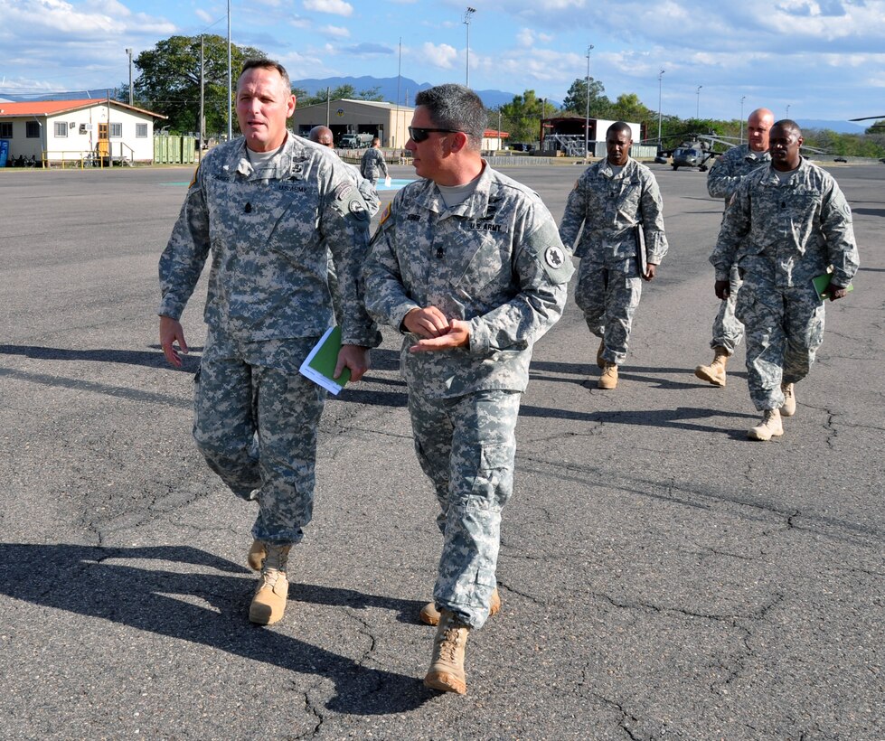 U.S. Army Command Sgt. Maj. William B. Zaiser, U.S. Southern Command Senior Enlisted Advisor, spent the day at Soto Cano Air Base, Feb. 11, 2014. Zaiser received a mission briefing from U.S. Army Col. Thomas Boccardi, Joint Task Force-Bravo Commander, as well as a base tour from U.S. Army Command Sgt. Maj. Norriel Fahie, Army Support Activity. Following a lunch with enlisted members of the Task Force, Zaiser spent the afternoon meeting with senior enlisted leaders and members of Joint Task Force-Bravo's Army Forces Battalion, Joint Security Forces, 1-228th Aviation Regiment, and 612th Air Base Squadron.  (U.S. Air Force photo by Capt. Zach Anderson)
