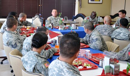 U.S. Army Command Sgt. Maj. William B. Zaiser, U.S. Southern Command Senior Enlisted Advisor, spent the day at Soto Cano Air Base, Feb. 11, 2014. Zaiser received a mission briefing from U.S. Army Col. Thomas Boccardi, Joint Task Force-Bravo Commander, as well as a base tour from U.S. Army Command Sgt. Maj. Norriel Fahie, Army Support Activity. Following a lunch with enlisted members of the Task Force, Zaiser spent the afternoon meeting with senior enlisted leaders and members of Joint Task Force-Bravo's Army Forces Battalion, Joint Security Forces, 1-228th Aviation Regiment, and 612th Air Base Squadron.  (U.S. Air Force photo by Capt. Zach Anderson)