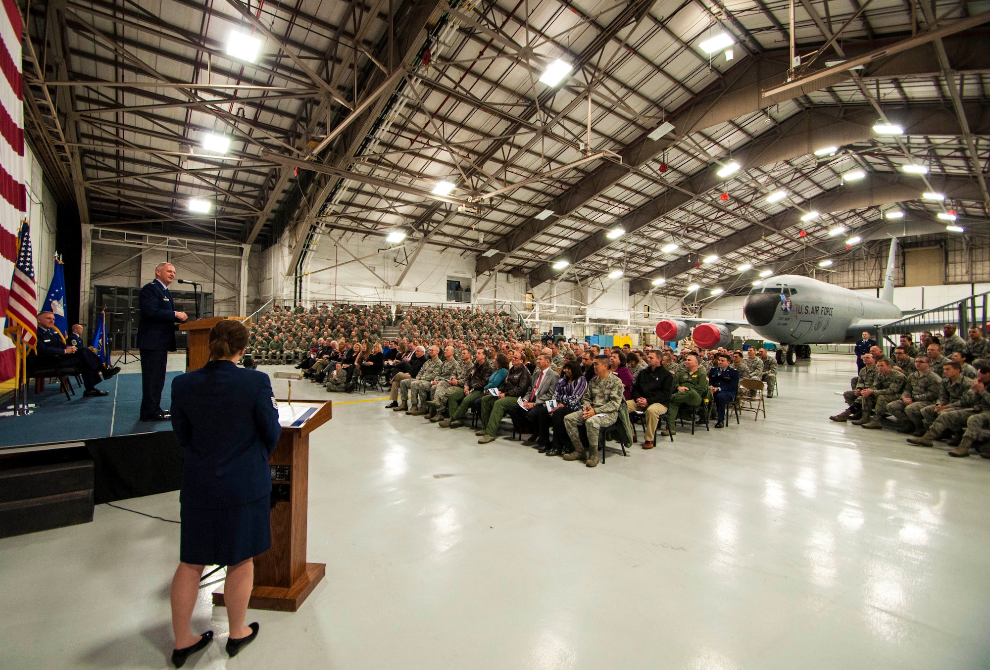 Colonel Brian S. Davis speaks to his family, distinguished guests and members of the 507th Air Refueling Wing during his assumption of command ceremony Feb. 8, 2014 here.  Brigadier General John C. Flournoy Jr., 4th Air Force Commander, sitting, presided over the proceedings.  Davis comes to the 507th from the 459th Air Refueling Wing where he served as Operations Group commander for two years.  (U.S. Air Force photo/Senior Airman Mark Hybers)