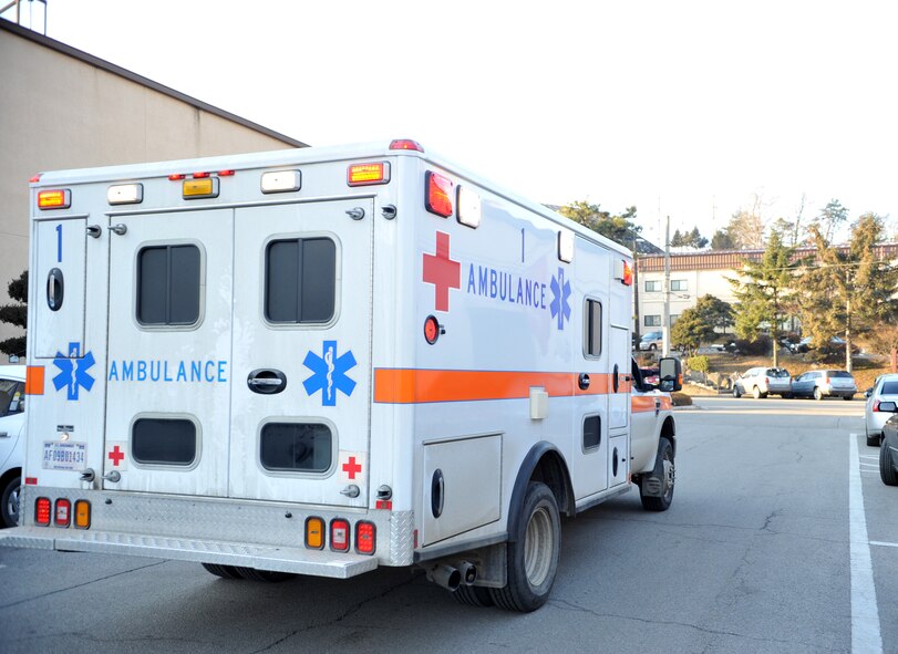 A 51st Medical Group ambulance transports a mock casualty to the 51st MDG for further medical care as part of a mass casualty scenario outside Bldg. 938 during Operational Readiness Exercise Beverly Midnight 14-02 at Osan Air Base, Republic of Korea, Feb. 11, 2014. The scenario mimicked what would be a real-world chain of events, requiring Bldg. 938’s post-attack reconnaissance team to contact 51st Security Forces Squadron defenders who relayed information to the 51st Civil Engineer Squadron Fire Department that passed the need for additional medical assistance on to the 51st MDG FRT. (U.S. Air Force photo/Airman 1st Class Ashley J. Thum)