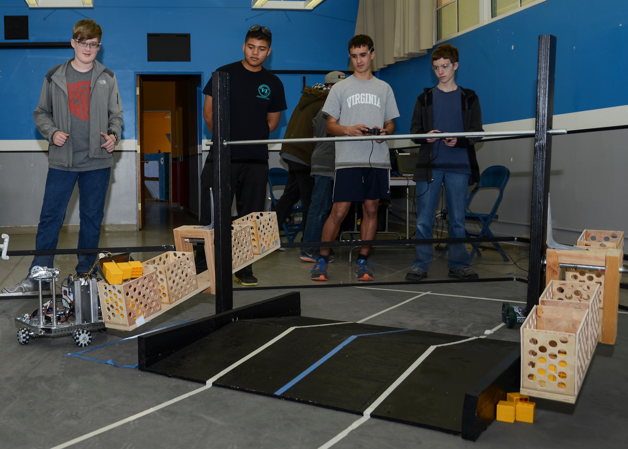 The Scorpion Robotics team, from Desert High School, prepares for the Los Angeles FIRST Tech Challenge Regional Championship Tournament at the end of February. (U.S. Air Force photo by Rebecca Amber)