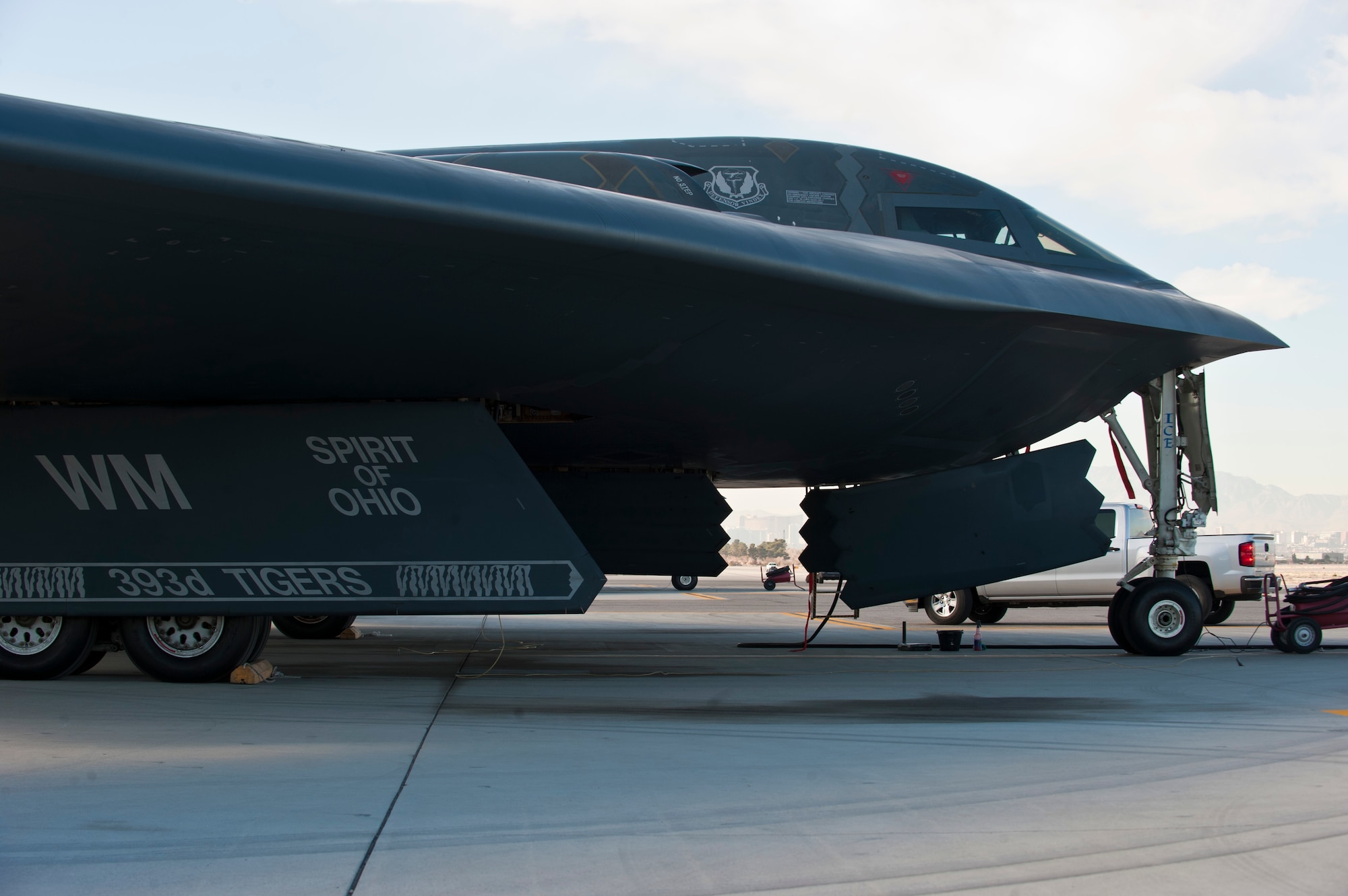 A U.S. Air Force B-2 Spirit from Whiteman Air Force Base, Mo., sits on the flightline during Red Flag 14-1 Feb. 10, 2014, at Nellis AFB, Nev. The B-2 is a low-observable aircraft capable of infiltrating enemy air space and destroying high value ground targets all while avoiding enemy air defenses. Red Flag encompasses all aspects of aerial warfare including air-to-air, air-to-ground, and electronic warfare. (U.S. Air Force photo by Airman 1st Class Thomas Spangler)