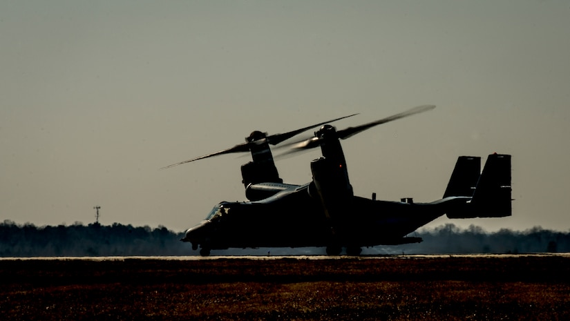 An MV-22 Osprey from Marine Corps Air Station New River, N.C., prepares to take off Feb. 10, 2014, from Joint Base Charleston – Air Base, S.C. The Marines landed at the base for a crew break before heading back to their home station. (U.S. Air Force photo/ Senior Airman Dennis Sloan)