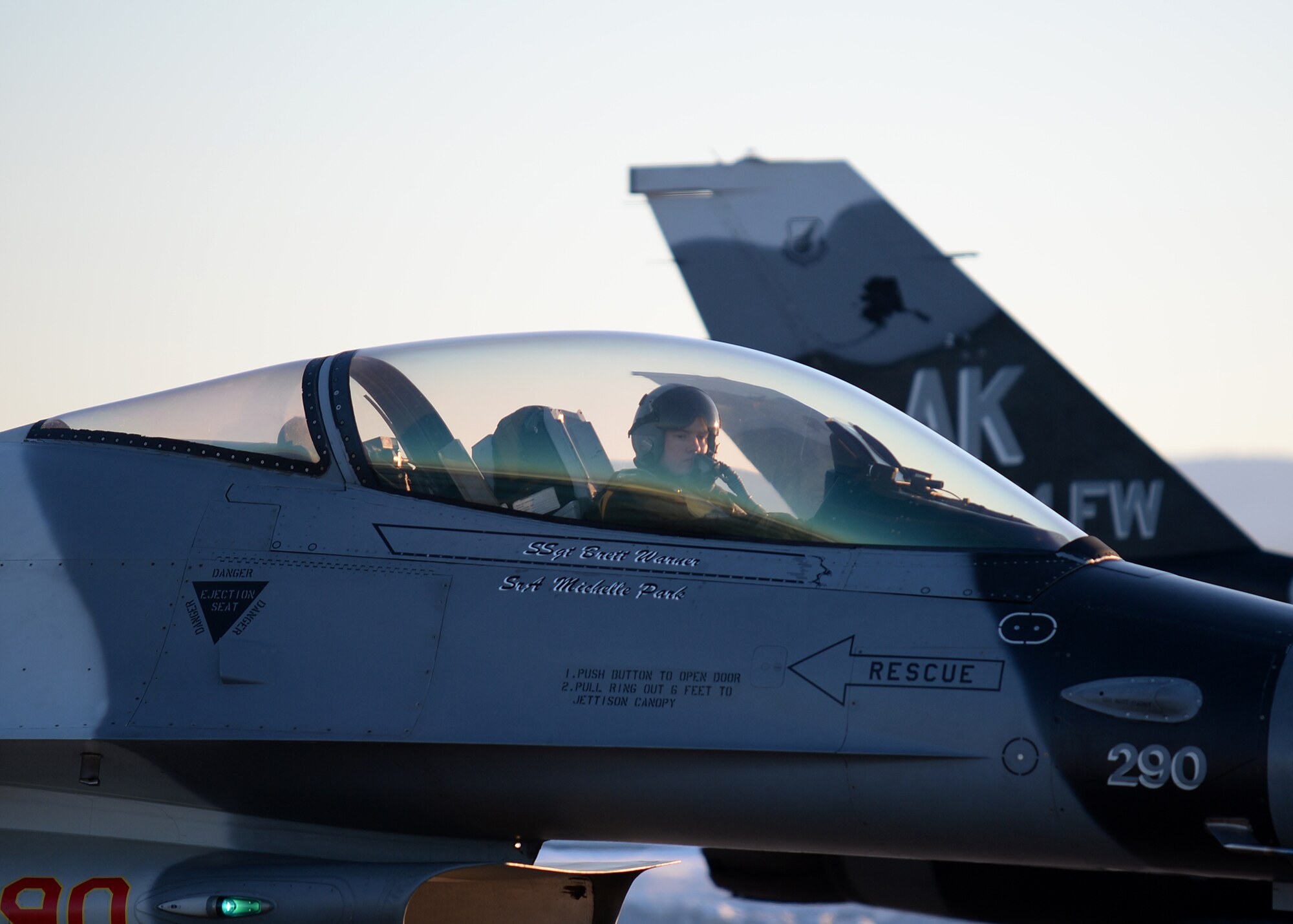 A pilot from the 18th Aggressor Squadron prepares to take off in almost -40 degree weather from Eielson Air Force Base, Alaska, Feb. 10, 2014. Ten Aggressors took off in succession to fly to Anderson Air Force Base, Guam to support Cope North, a field-training exercise hosted by Pacific Air Forces. (U.S. Air Force photo by Senior Airman Shawn Nickel/Released)