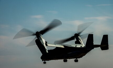 An MV-22 Osprey from Marine Corps Air Station New River, N.C., takes off Feb. 10, 2014, from Joint Base Charleston – Air Base, S.C. The Marines landed at the base for a rest break before heading back to their home station. (U.S. Air Force photo/ Senior Airman Dennis Sloan)