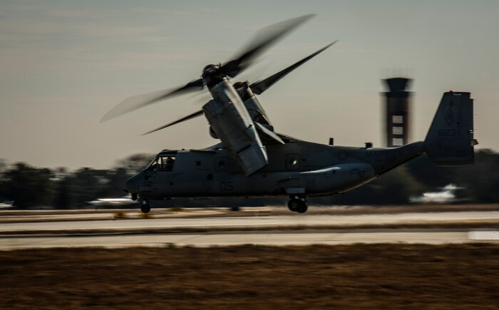 An MV-22 Osprey from Marine Corps Air Station New River, N.C., takes off Feb. 10, 2014, from Joint Base Charleston – Air Base, S.C. The Marines landed at the base for a rest break before heading back to their home station. (U.S. Air Force photo/ Senior Airman Dennis Sloan)