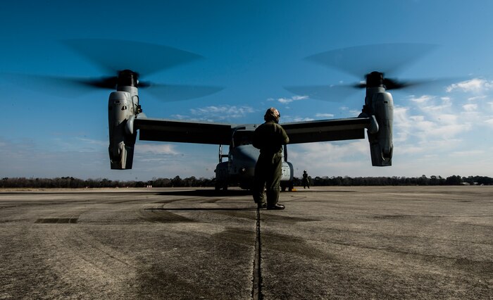 An MV-22 Osprey from Marine Corps Air Station New River, N.C., prepares to take off Feb. 10, 2014, from Joint Base Charleston -  Air Base, S.C. The Marines landed at the base for a rest break before heading back to their home station. (U.S. Air Force photo/ Senior Airman Dennis Sloan)