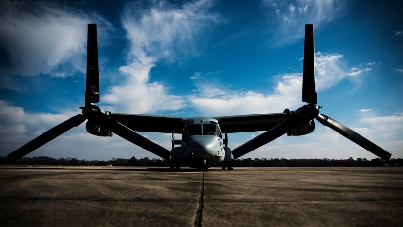 An MV-22 Osprey from Marine Corps Air Station New River, N.C., lands at Joint Base Charleston – Air Base, S.C., Feb. 10, 2014. The Marines landed at the base for a rest break before heading back to their home station. (U.S. Air Force photo/ Senior Airman Dennis Sloan)