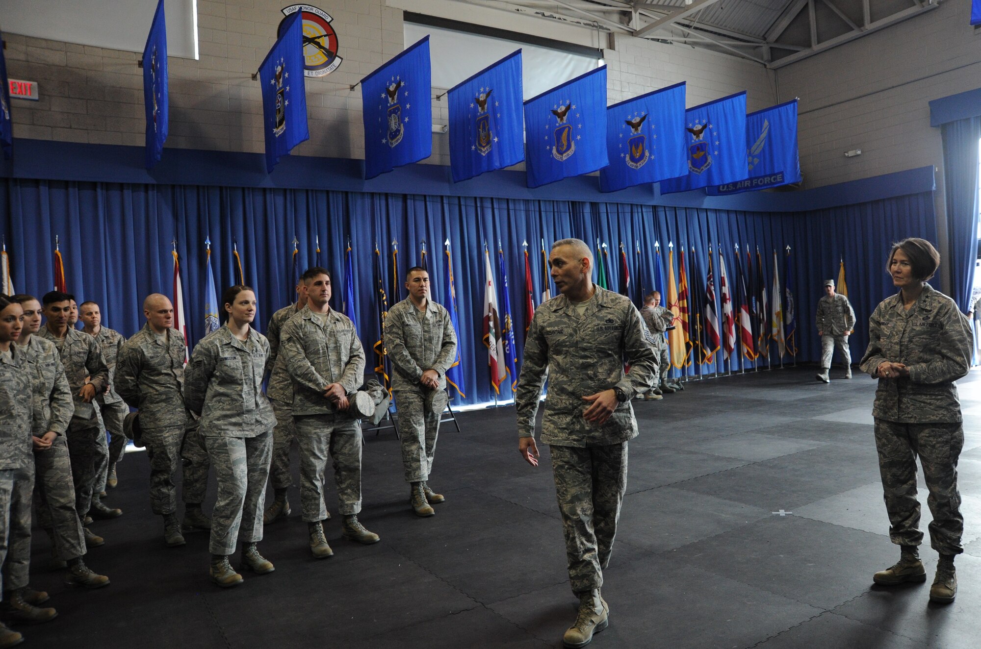 Air Force District of Washington Command Chief Master Sgt. Jose LugoSantiago and AFDW Commander Maj. Gen. Sharon K. G. Dunbar thank members of the U.S. Air Force Honor Guard for their hard work and professionalism at Joint Base Anacostia-Bolling, D.C., Feb. 7, 2014. The vision of the USAF Honor Guard is to ensure a legacy of Airmen who promote the mission, protect the standards, perfect the image and preserve the heritage of the organization. (U.S. Air Force photo/Master Sgt. Tammie Moore)